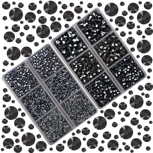 10000Pcs 2-Boxes Mixed Size Hot Fix Round Crystals Gems Glass Stones Hotfix Flat Back Rhinestones with Tweezers and Picking Pencil (Hematite Black) - color: Hematite Black, size: 2-Box (10000pcs)