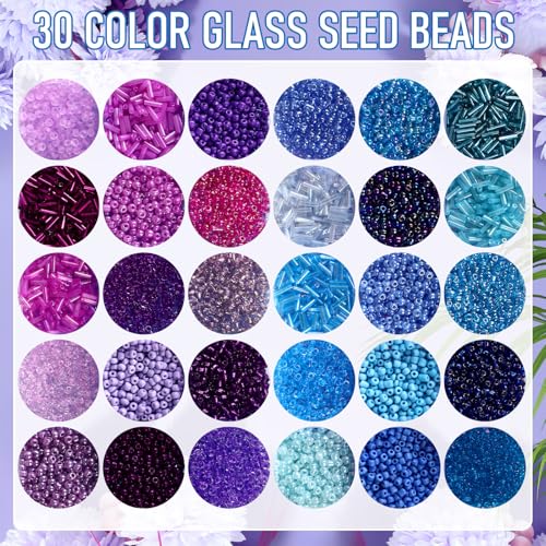 Jexine 2 Sets 30 Colors Glass Seed and Bugle Beads Kit Small Loose Craft Beads for Jewelry Making DIY Crafts Bracelets and Necklaces(Blue, Purple) - color: Blue, Purple