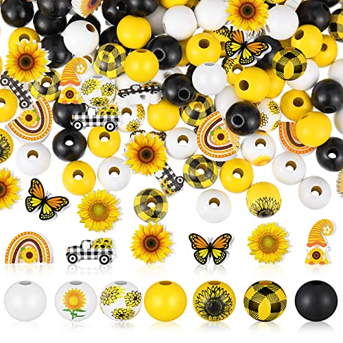 Bencailor 200 Pcs Sunflower Wooden Beads Wooden Colorful Round Loose White Yellow Black Spacer Beads 16 and 20mm for DIY Necklace Earring Bracelet Jewelry Making Winter Garland Home Decor - color: Sunflower