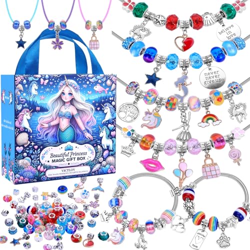 VICTLOV Charm Bracelet Making Kit, DIY Craft for Girls, Unicorn/Mermaid Crafts Gifts Set for Arts and Crafts for Girls Teens Ages 5-12 - color: Aqua 95 Pieces