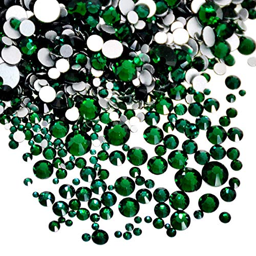 AD Beads 1440 Pieces Mixed Size No Hotfix Glue on Quality Glass Flatback Rhinestones Round Crystal Gems (11 Emerald) - color: Emerald 11