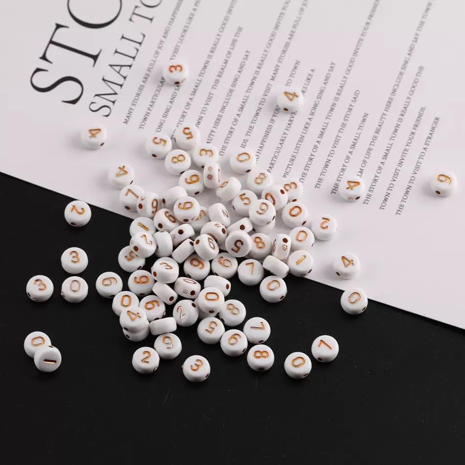 1000Pcs Acrylic Number Beads Round Number Round Beads 4x7mm Mixed Number Beads, for Jewelry Bracelets Necklaces Key Chains Making (White-Gold) - color: White-Gold