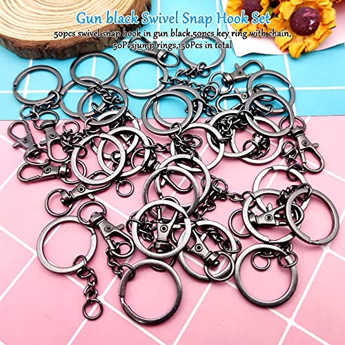 150Pcs Swivel Snap Hook Set,Gun Black Swivel Clasps Lanyard Snap Keychain Hooks Lobster Clasp Split Key Rings with Chain and Jump Rings Bulk for Keychain Lanyard,Charm,Jewelry,DIY Crafts Supplies - color: Gun Black