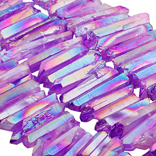 SUNYIK Purple Titanium Coated Crystal Points Quartz Rough Sticks Spikes Point Beads 15 inch Strand Drilled - color: Purple(rough), size: 0.5"-1.6"