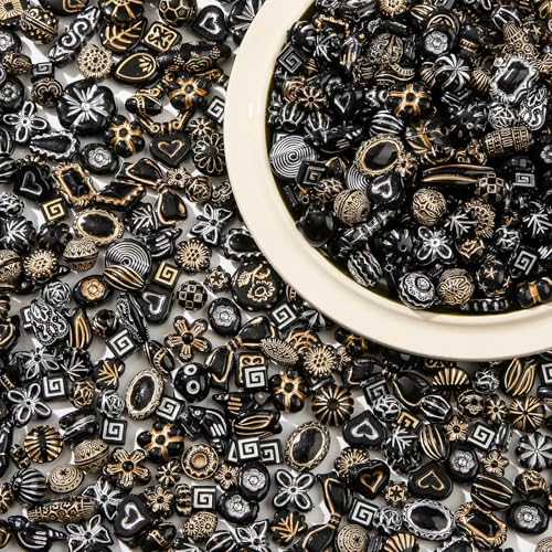 200g Vintage Acrylic Beads for Bracelet Making, 240-320pcs Assorted Acrylic Beads Bulk for Keychain Bracelets Jewelry Making DIY Plastic Crafts(Golden&Silver&Black) - color: golden&silver&black