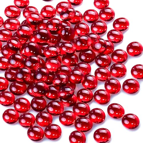 CYS EXCEL Red Glass Gemstone Beads Vase Fillers (1 LB) Flat Marble Beads Multiple Color Choices Aquarium Decor Rocks Floral Stones Decorative Mosaic Glass Gem Pebbles (Approx 85-100 PCS) - color: Red, size: 1 LB