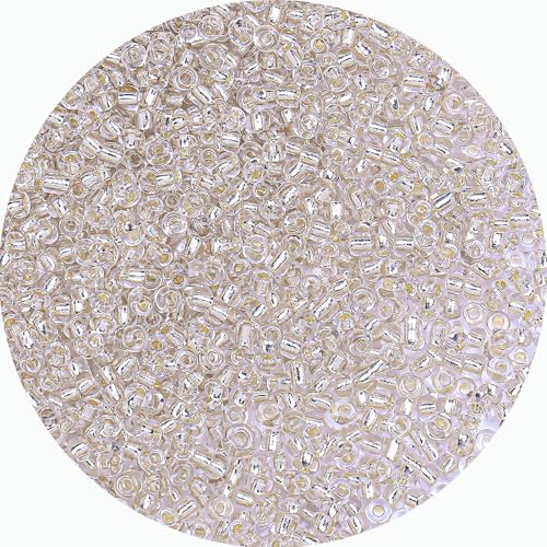 8/0 Glass Seed Beads Bulk, Clear Silver White 3mm Tiny Round Craft Seed Bead, Small Mini Pony Beads for Jewelry Making Bracelet Necklace Wrist Beading Weaving Supplies, 2500pcs - color: CLear Silver White