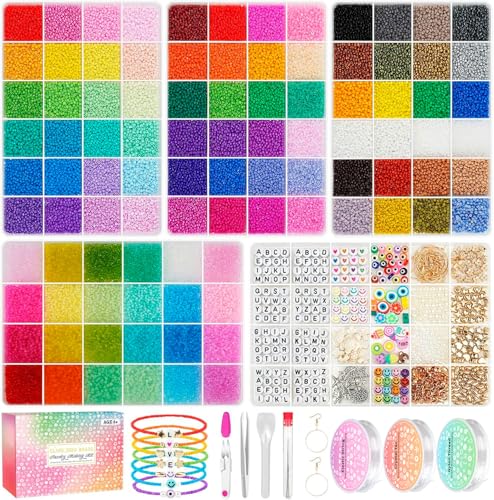 2mm Tiny Glass Seed Beads for Bracelets, 96 Colors 60000pcs Small Glass Beads Waist Beads Craft for Friendship Bracelets with Charms String Cords Tweezers Letter Bead Crafts Kits Jewelry Making Kit - size: 2 mm
