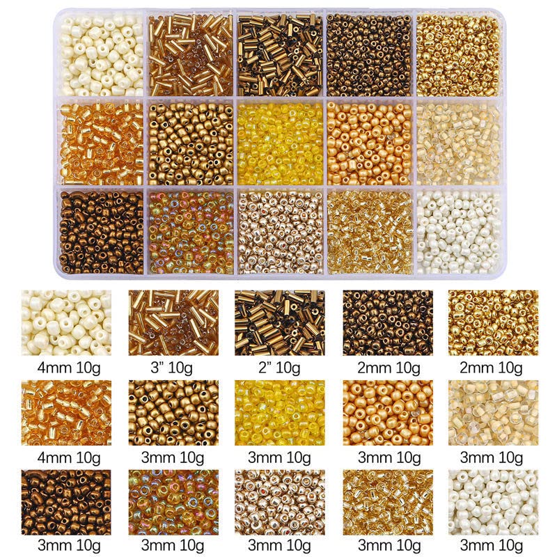 Mix 15 Color Glass Seed Tube Beads Glass Bugle Beads Loose Kit for Jewelry Making DIY Craft Beading (Mix 15 Color, Gold) - color: Gold