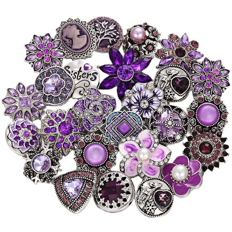 10PCs Mixed Style Rhinestones Snaps Jewelry Charms Buttons 18/20mm for Interchangeable Snaps Jewelry Making Women DIY Button Bracelets Necklaces Rings Brooch Accessories (Purple) - color: Purple