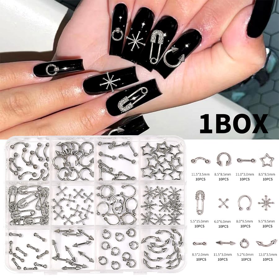 120 Pcs Mixed Nail Charms, CYHYII 1 Box Silver 3D Star Retro Nail Art Charm Y2K Metal Cross for Acrylic Nail Nail Art Design DIY Craft(12 Styles) - color: 120P MIXED