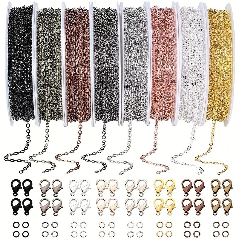 8 Roll Necklace Chains, 8 Colors Jewelry Making Metal Chains with Open Jump Rings & Lobster Clasps for Jewelry Making DIY Necklace Bracelet Anklet - color: 8 Roll