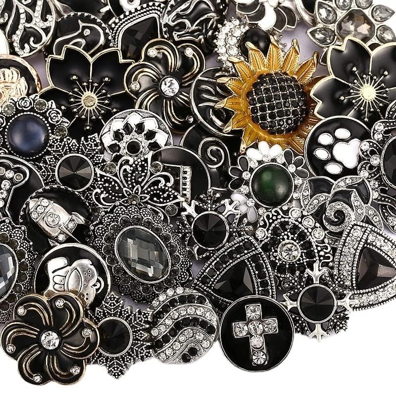 10PCs Mixed Style Rhinestones Snaps Jewelry Charms Buttons 18/20mm for Interchangeable Snaps Jewelry Making Women DIY Button Bracelets Necklaces Rings Brooch Accessories (Black) - color: Black