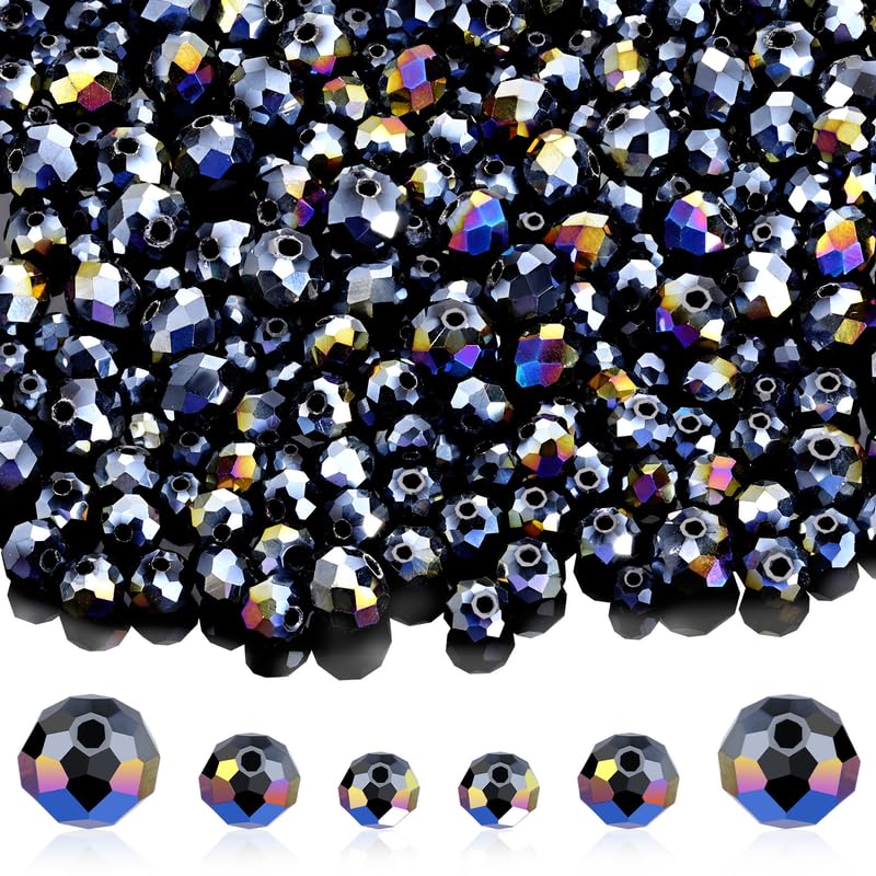 WILLBOND 600 Pcs Crystal Glass Beads for Jewelry Making Bulk Suncatcher Faceted Rondelle Loose Gemstone for Valentine's Day, Irish Holiday, Easter Bracelet DIY Crafts 8mm, 6mm, 4mm(Black AB Color) - color: Black AB Color