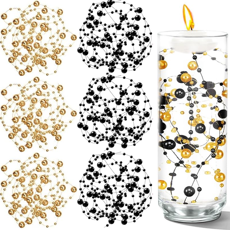 50 PCS Artificial Floating Beads for Centerpieces Vases, Black Gold 8+3mm String Beads for Wedding Party Faux Pearl String for Decorating, String Pearls for Crafts Vase Filler - color: Blackgold, size: 8+3mm(50pcs)