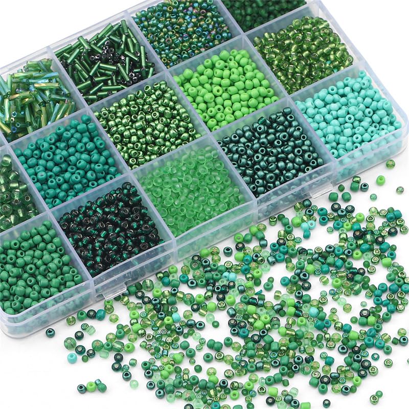 Mix 15 Color Glass Seed Tube Beads Glass Bugle Beads Loose Kit for Jewelry Making DIY Craft Beading (Mix 15 Color, Green) - color: Green