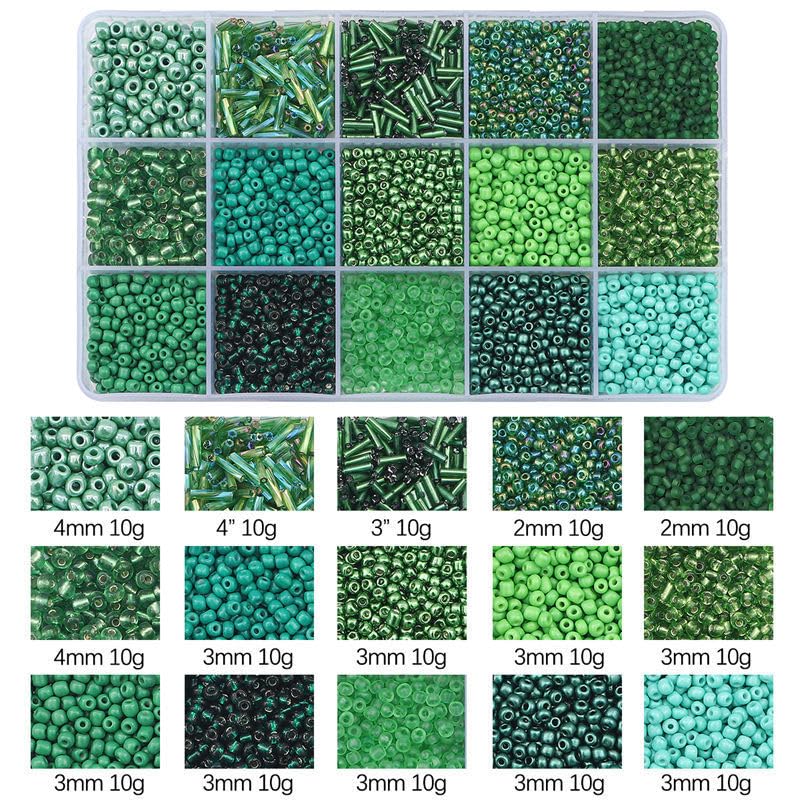 Mix 15 Color Glass Seed Tube Beads Glass Bugle Beads Loose Kit for Jewelry Making DIY Craft Beading (Mix 15 Color, Green) - color: Green