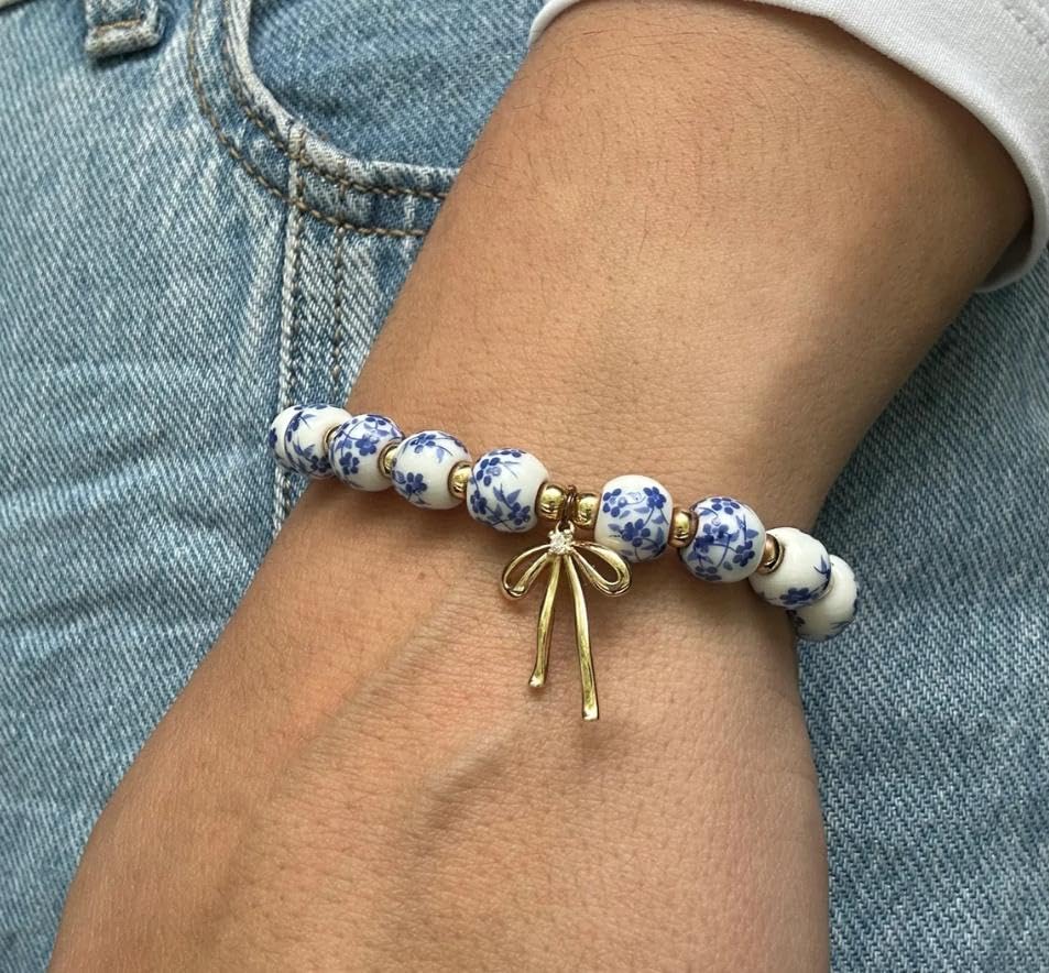 Bow Bracelet Necklace Set 14K Gold Beaded Bracelet Dainty Bow Pendant Choker Jewelry Gift Set - color: Blue