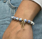 Bow Bracelet Necklace Set 14K Gold Beaded Bracelet Dainty Bow Pendant Choker Jewelry Gift Set - color: Blue