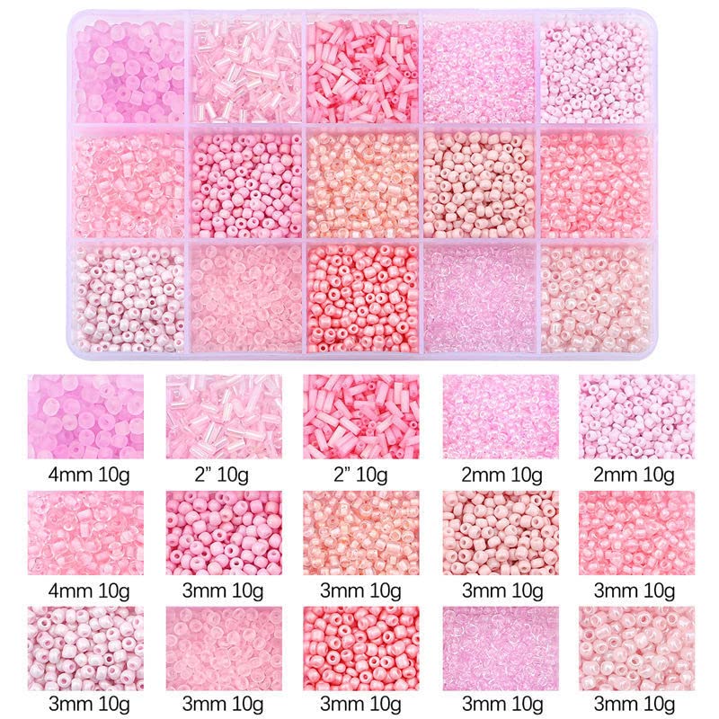 Mix 15 Color Glass Seed Tube Beads Glass Bugle Beads Loose Kit for Jewelry Making DIY Craft Beading (Mix 15 Color, Pink) - color: Pink