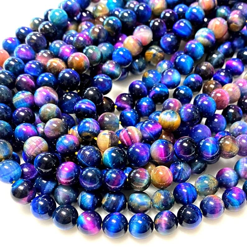 Rainbow Tiger's Eye 6mm Round - 15" Strand Natural Gemstone for Jewelry Making, Multicolor Galaxy Tiger Eye Stone, Smooth Polished DIY Bracelet Necklace Craft Supplies (65-67 Pcs)